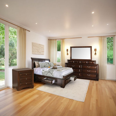 Lio 4 Piece Bedroom Set, Cherry Brown Wood Inlay Design, Silver Metal Handles