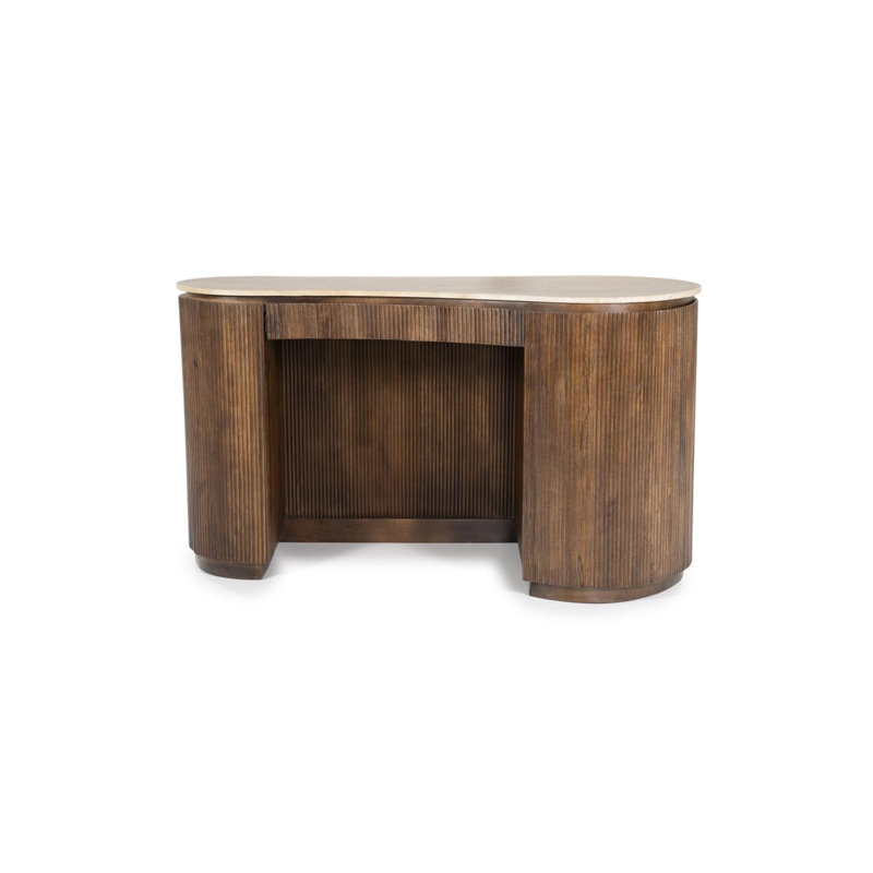 Desk Curved Marble Top Solid Wood Base Computer Desk, Brown, Black