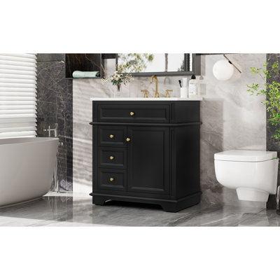 30" Bathroom Vanity With Sink, One Tip-Out Drawer, Three Drawers, Door Shelf, Soft Closing Door, Black