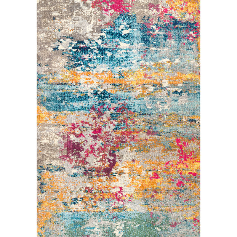 Tapis abstrait tissé à la machine Hiroko - ivoire / bleu / rose / jaune, Rectangle 7 pi 10 po x 11 pi