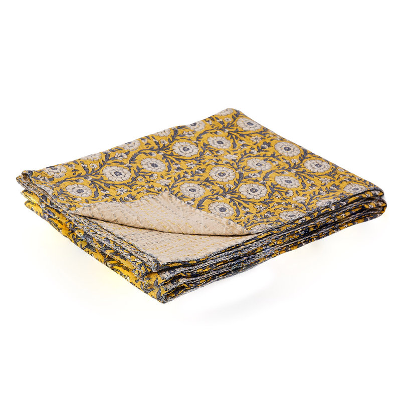 Handcrafted Floral Yellow and Beige Cotton Reversible Throw Blanket