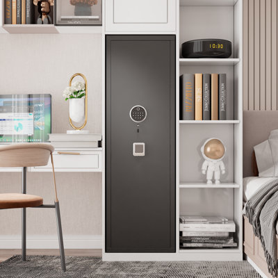 Coffre-fort pour fusils noir de 132 cm de haut, serrure biométrique et à clavier, supports à fusils réglables avec système d'alarme intégré, préassemblé
