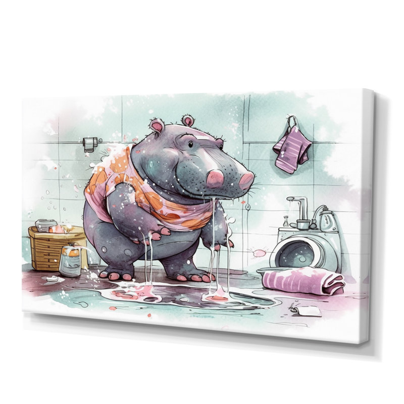 Hippopotame gris dans la salle de bain I - Art mural hippopotame pour salle de bain, H 12 po x l 20 po x P 1 po