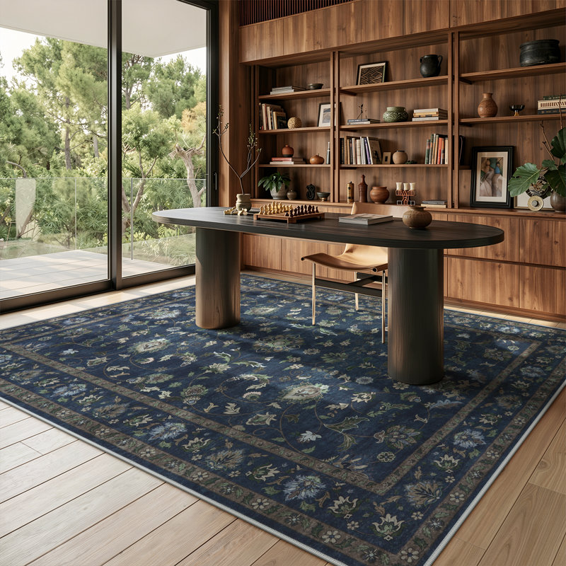 Vintage Floral Vine Washable Navy Blue 8X10 Area Rugs – Non-Slip Soft Low Pile Carpet for Living Room, Bedroom Dining Room & Entryway