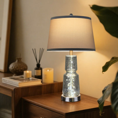 26" Glass Table Lamp, Silver Textured Bedside Lamps with USB A & Type-C Ports, 3 Color Lighting and Soft Night Light for Bedroom