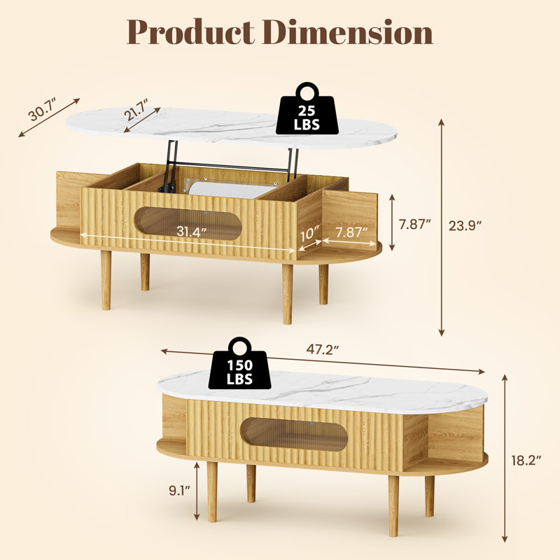 Table basse 47 po à plateau relevable cannelé en faux marbre, table centrale ovale en bois avec 3 compartiments cachés et 4 espaces ouverts