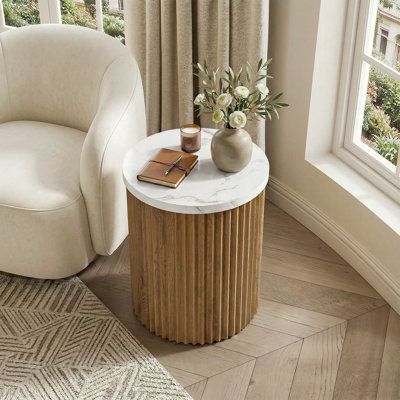 Table de chevet ronde de 23,6 pouces de hauteur avec plateau en faux marbre, forme de tambour