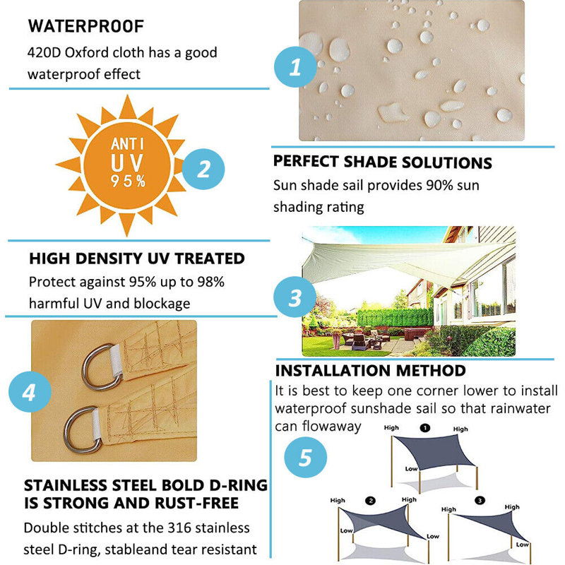 Auvent de patio à voile Homeya, 8 pi x 8 pi, Crème, crème