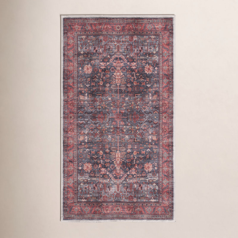 Tapis oriental bleu marine / rouge brique lavable à la machine Lotte, Tapis de couloir 2 pi x 4 pi