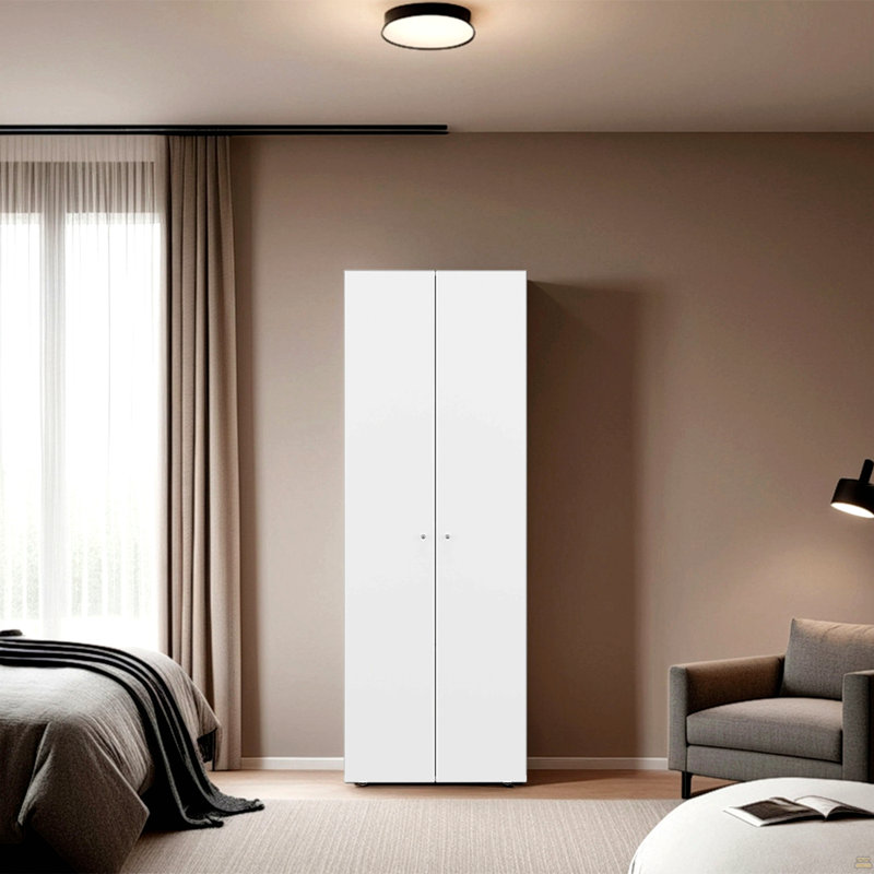 Grande armoire-penderie blanche à 2 portes avec 4 tablettes et rangement vertical