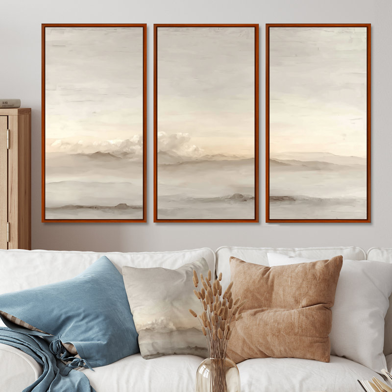 Jaune et blanc brume lever du soleil matin nuages - ensemble d'art mural paysages, H 32 po x l 48 po, Brun