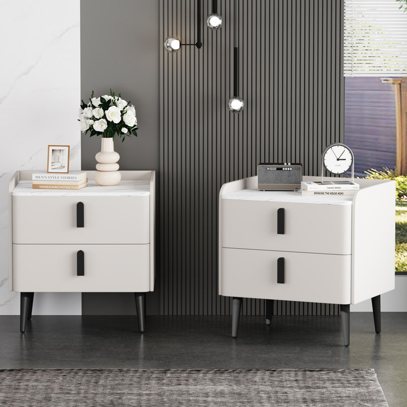 Ensemble de 2 tables de chevet, table de chevet avec 2 tiroirs et plateau de table en marbre, table d'appoint moderne pour la chambre à coucher, table de bout pour le salon, blanc