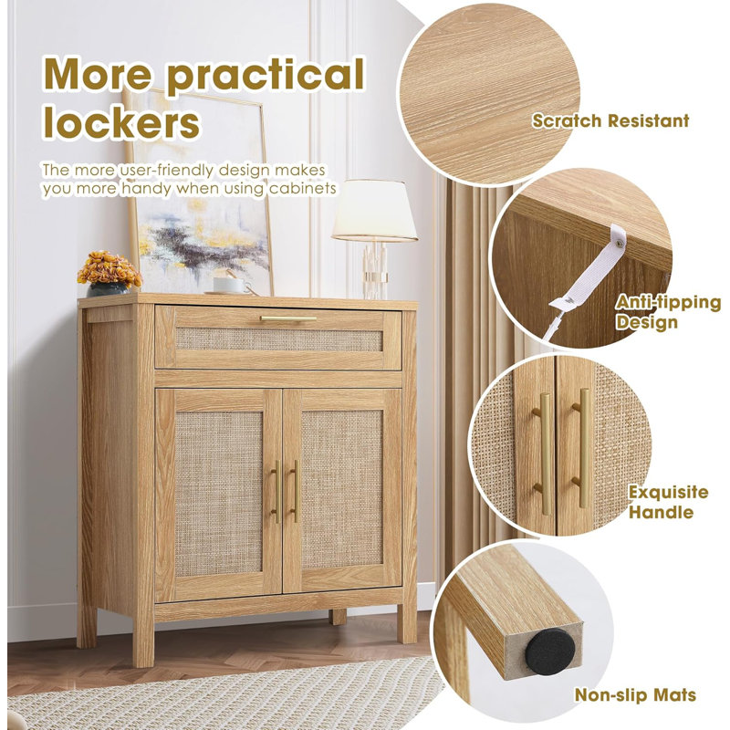 Light Brown Wood and Rattan Cabinet with Adjustable Shelf