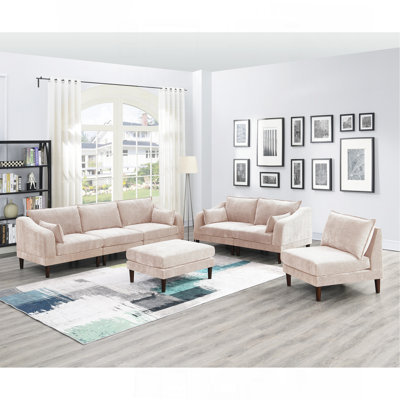 Beautiful 6Pcs Modular Sofa Set 4X One Arm Chairs 1X Armless Chair 1X Ottoman Living Room Furniture Blush Pink Morgan Fabric
