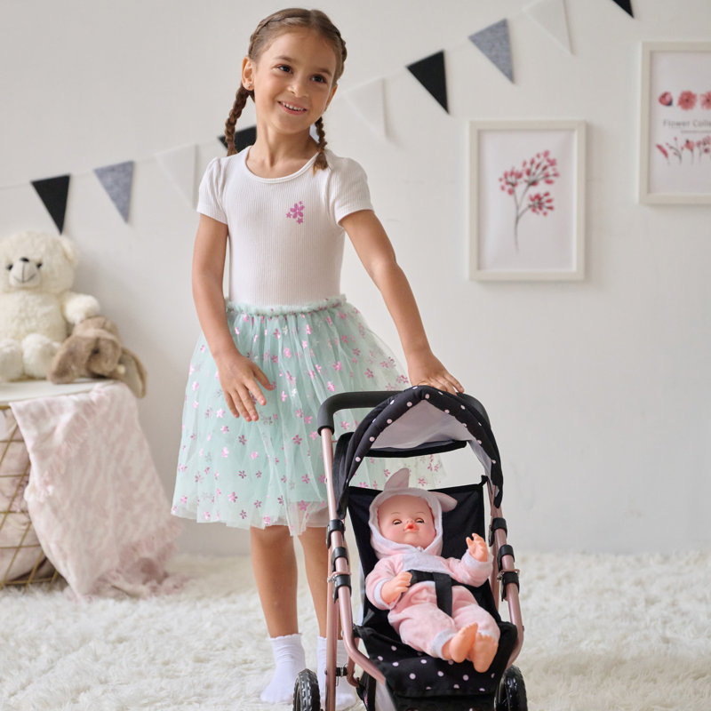 Poussette de jogging Team Up avec attache rétractable Teamson Kids, Motif à pois noirs