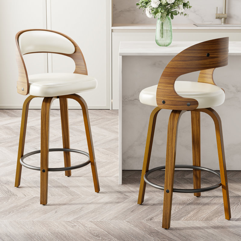 26" Swivel Counter Height Bar Stools with Arms and Back, Beige, White