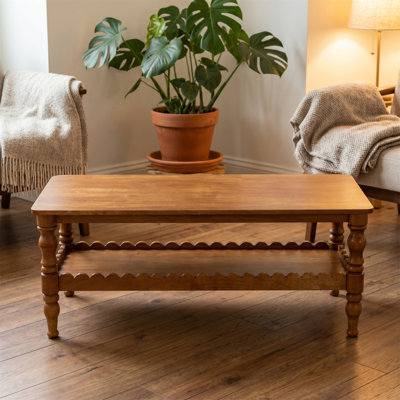 Table basse rectangulaire en bois massif avec tablettes de rangement, pieds laqués classiques, facile à assembler, parfaite pour le salon