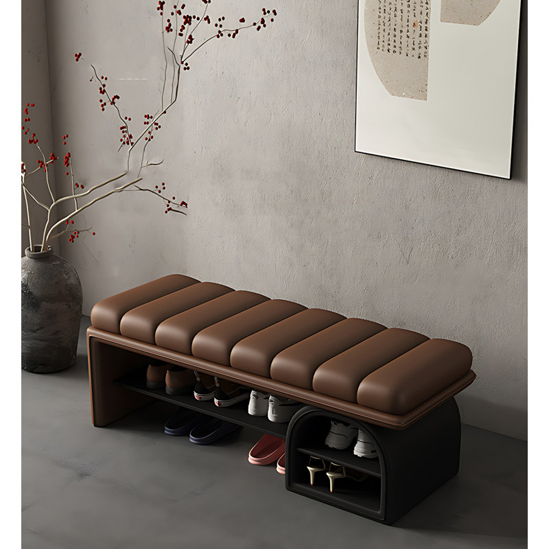 Modern & Contemporary Solid Wood Leather Upholstered Shoe Storage Bench, Brown, 16.93" H x 39.37" W x 16.93" D