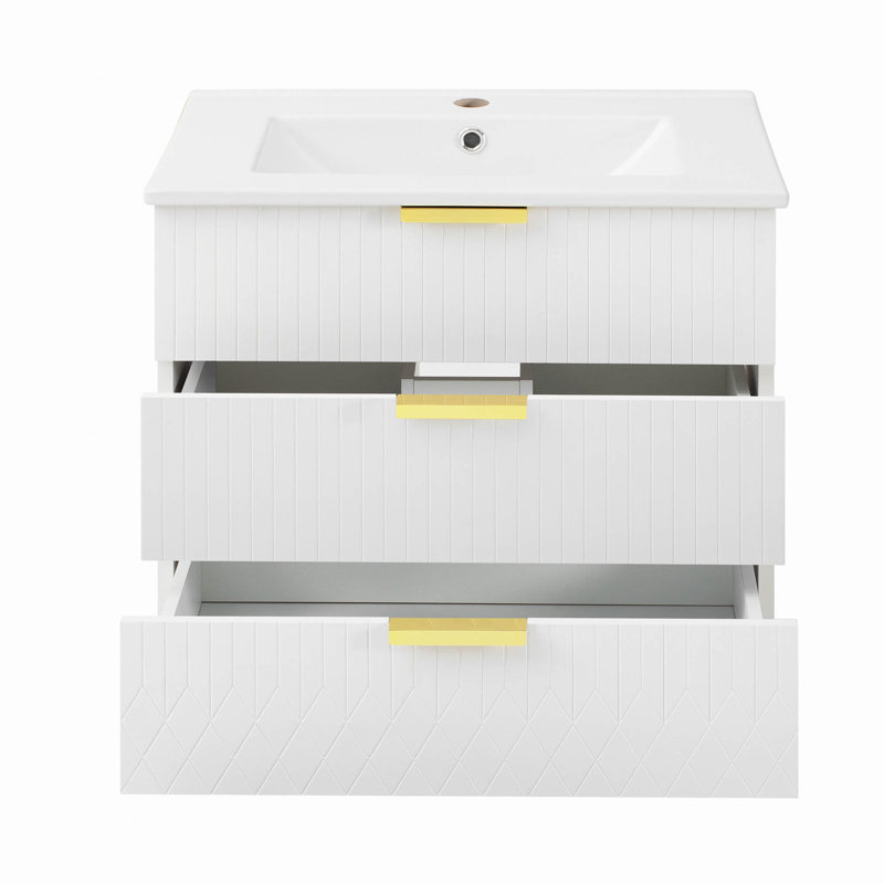 Armoire flottante murale 24 po avec tiroir double, petit lavabo de salle de bain rectangulaire flottant avec trou de robinet simple et trop-plein, armoire de salle de bain moderne avec lavabo en céramique