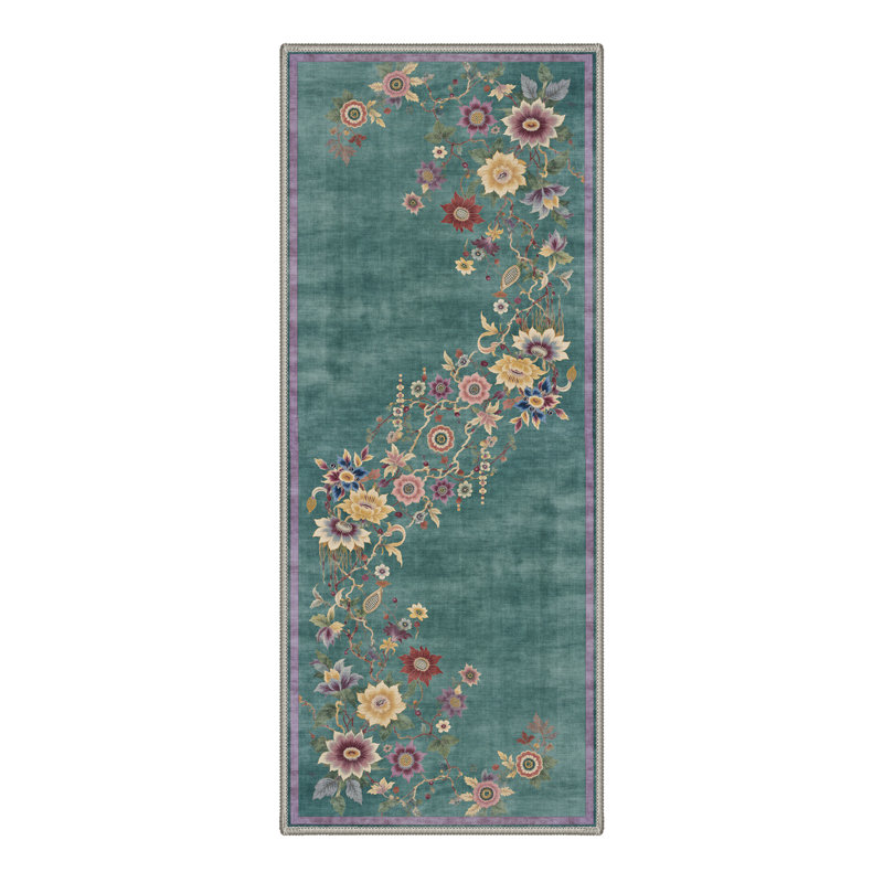 Valencia Vintage Floral Machine Washable Green Indoor Area Rug with Non-Slip Backing, Runner 2' x 6'