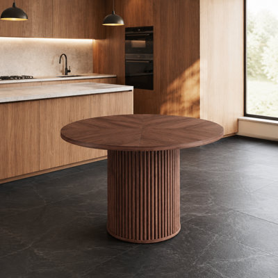 Table de salle à manger moderne épissée ronde avec conception unique de panneaux diagonaux en forme d'éventail, structure robuste et durable avec rangement dissimulé intégré