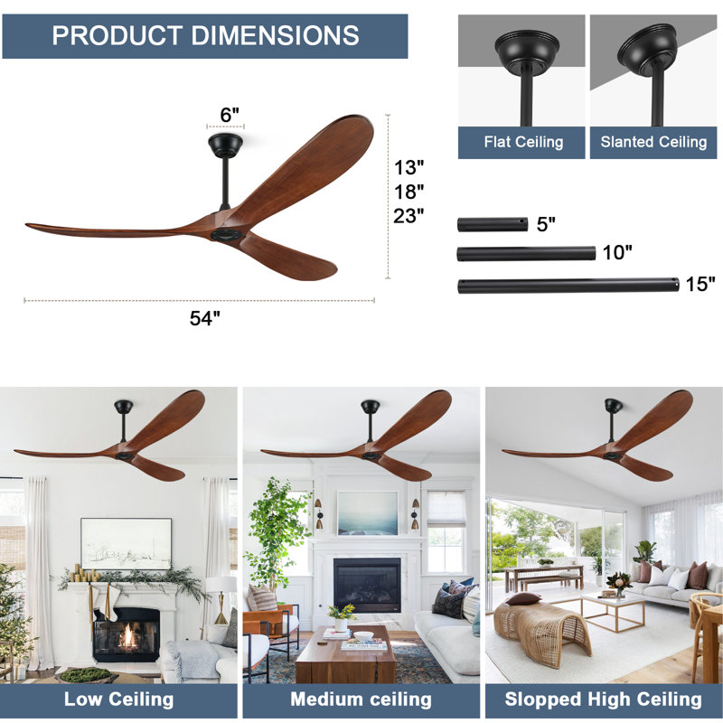 54'' Modern 3-Blade Ceiling Fan (No Light) – Solid Walnut Wood Propeller Ceiling Fans, Quiet DC Motor & Standard Remote Control | Indoor/Outdoor Use for Patio, Coastal & Farmhouse Spaces