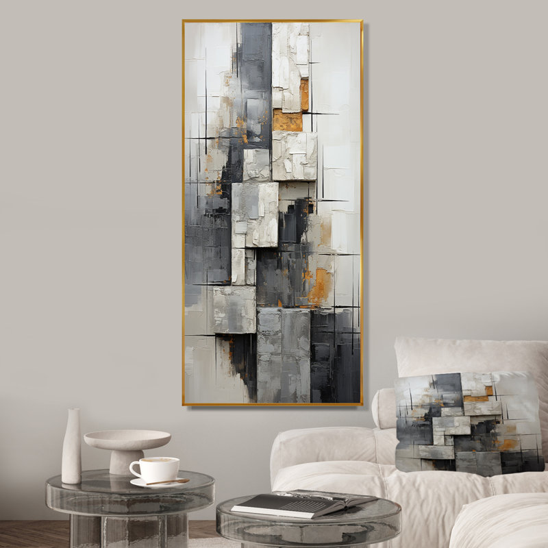 «Gray Abstract Cityscape 4 - Abstract Collages», art mural, Cadre flottant doré, H 60 po x l 28 po x P 1,5 po