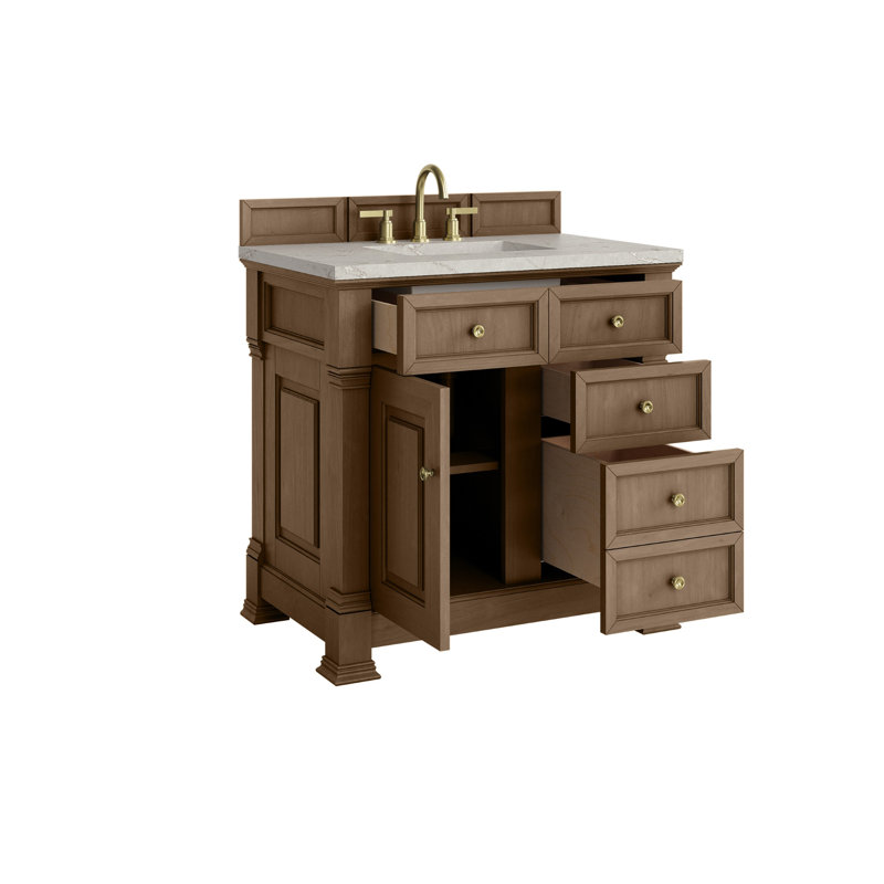 Meuble-lavabo simple 36 po avec plateau Brookfield, Pacanier, Argent victorien, À entraxe