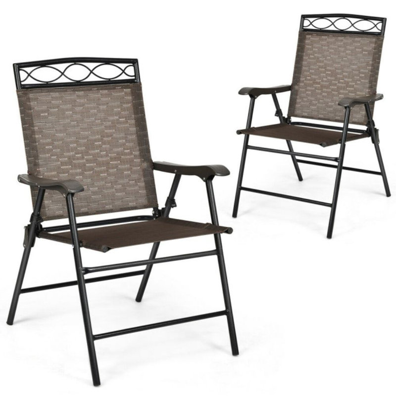 Set Of 2 Patio Folding Chairs Sling Portable Dining Chair Set With Armrest