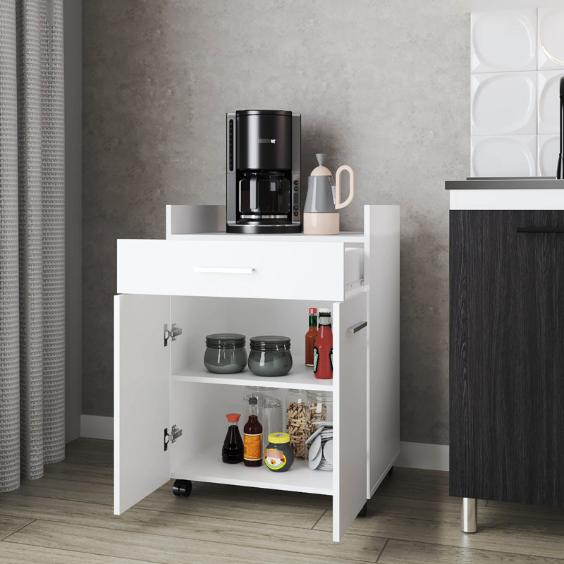 White - Finished Kitchen Cart With 2 Doors And 1 Drawer, Convenient Storage, Caster Base For Smooth Mobility, Particle Board Structure, 32.41 In High, 17.8 Wide, 23.17 Deep Finish, One Drawer Small