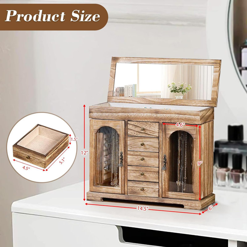 Boîte à bijoux en bois avec miroir et boîte de rangement pour bijoux, Brun