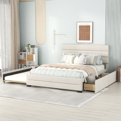 Lit plateforme tapissier avec lit gigogne et tiroirs