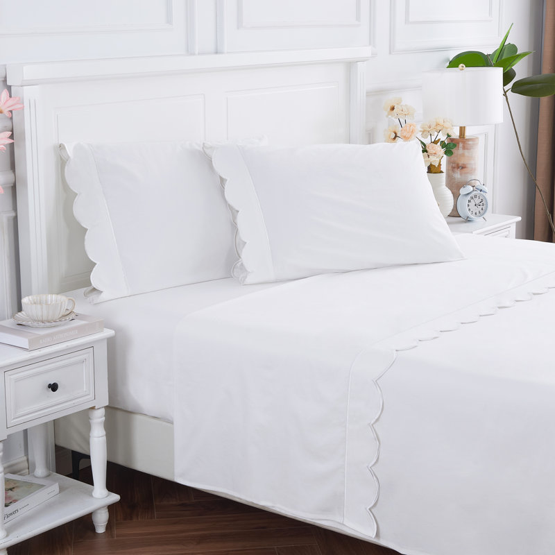 Scallop Frame Percale Sheet Set, Blue, Twin Sheet Set with 1 Pillowcase