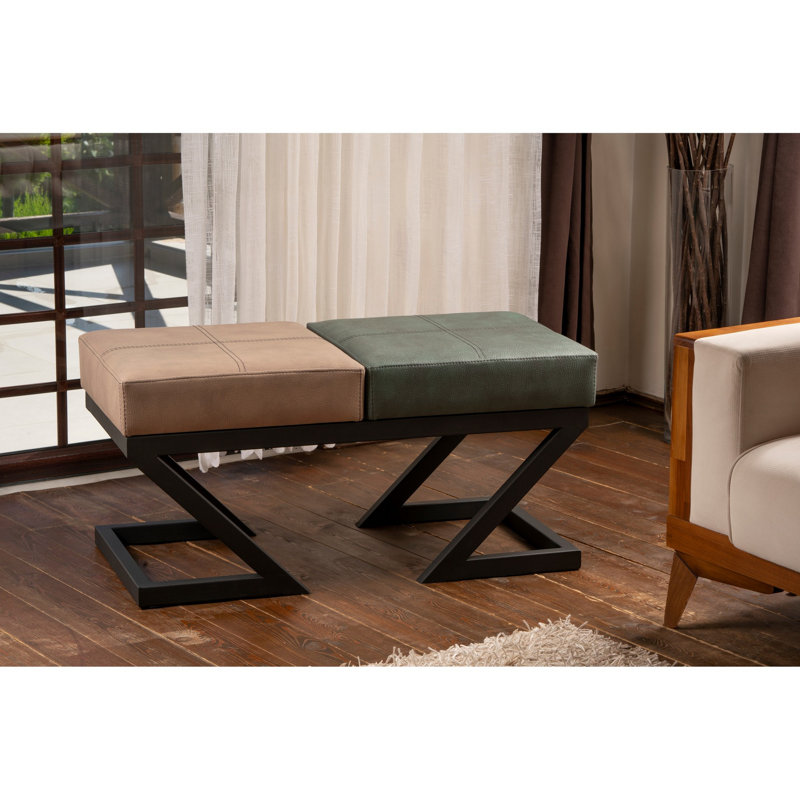 Pouf de style industriel avec structure en métal, vison et brun / vert, 36,2 po x 17,3 po x 18,1 po | 100% cuir de polyuréthane, tissu facile à nettoyer, rembourrage en mousse 32 dns | Parfait pour les salons modernes et les espaces confortables
