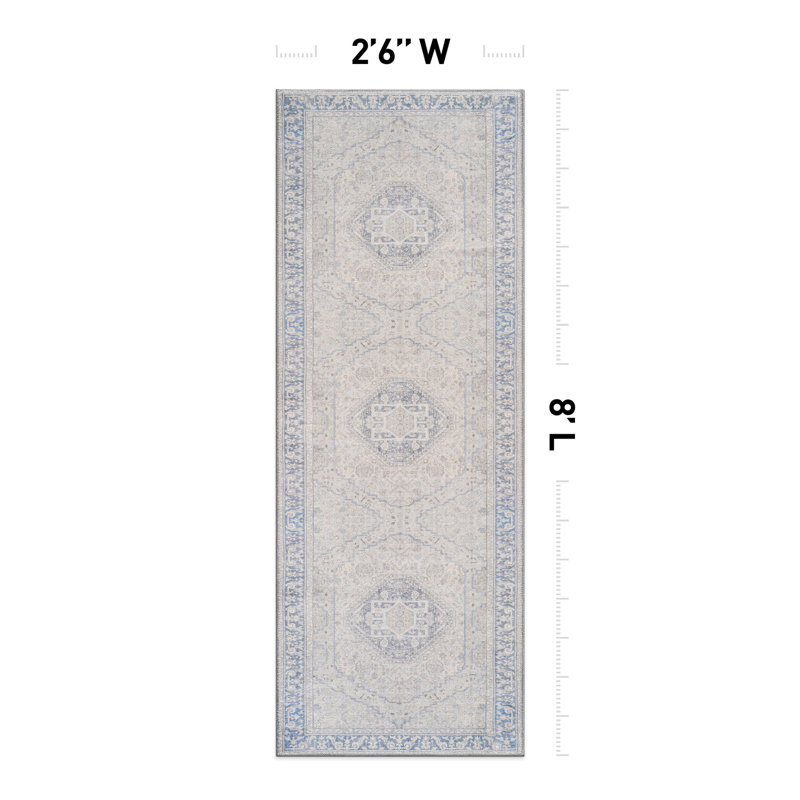 Valora Blue Traditional Washable Flatweave Rug With Non-Slip Backing, Runner 2'6" x 8'