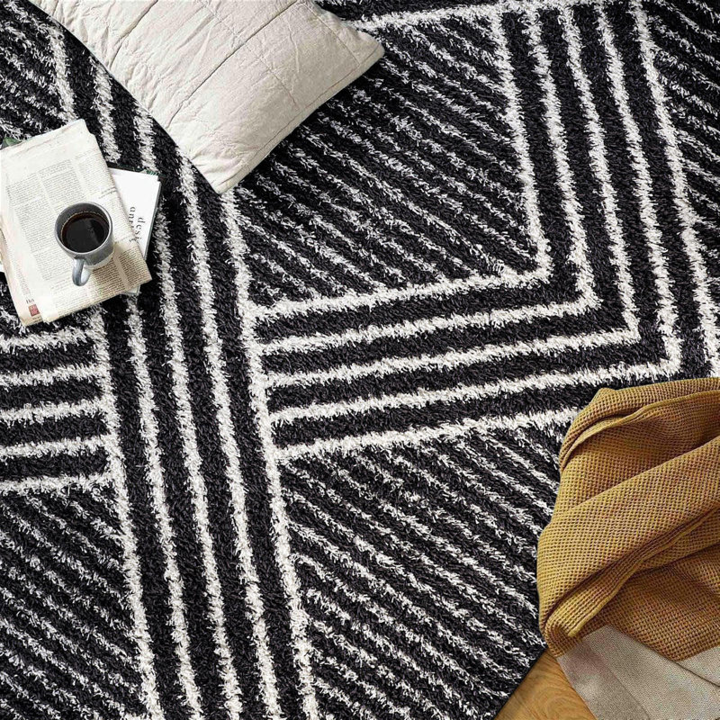 Tapis à poils longs à motif géométrique abstrait gris anthracite foncé - velours moyen, durable et élégant