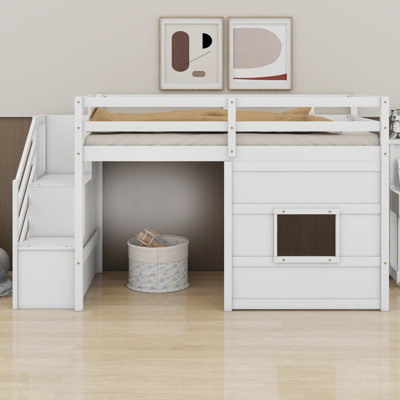 Loft Bed With Storage Staircase And Window, With LED Light
