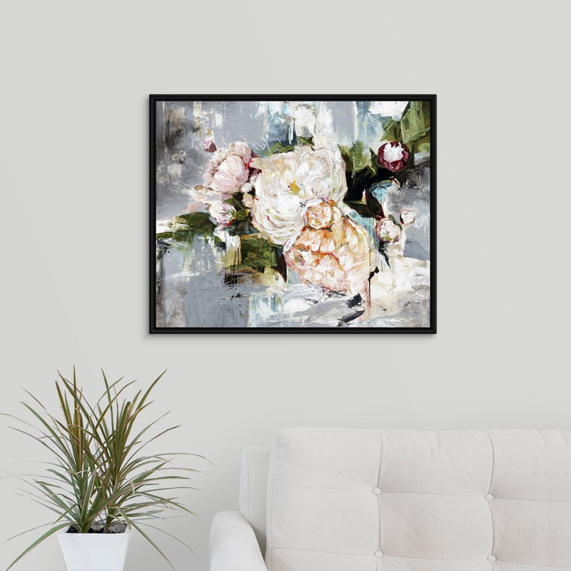 « pivoine fleuri », peinture sur toile, H 21,7 po x l 25,7 po x p 1,75 po, Cadre flottant noir