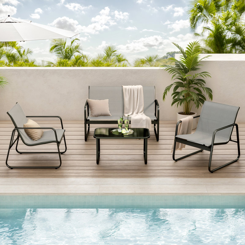 Ensemble de conversation de patio 4 pièces avec 1 causeuse, 2 chaises, 1 table en verre pour balcon, bord de piscine ou jardin
