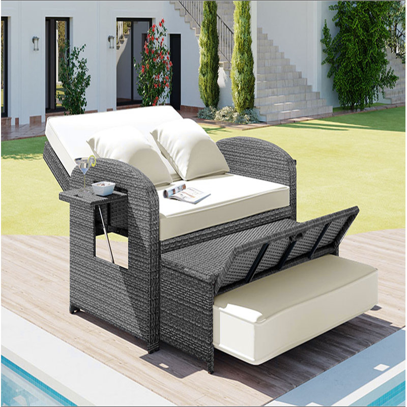 Wicker Rattan Double Chaise Lounge, 2-Person Reclining Daybed With Adjustable Back And Cushions, Free Furniture Protection Cover