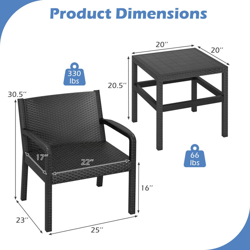 Ensemble de meubles de patio 3 pièces avec 2 fauteuils modernes en rotin et table d'appoint Squire de 25 po noir