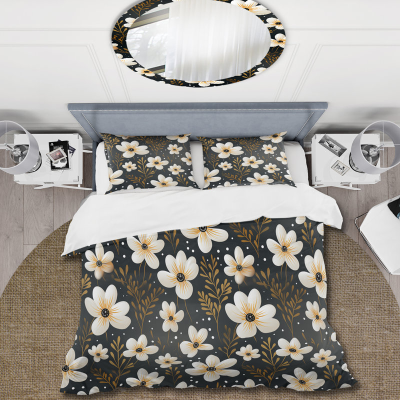Ensemble de housse de couette floral noir et beige Garden Flower Serenade II, Housse de couette pour très grand lit et 2 très