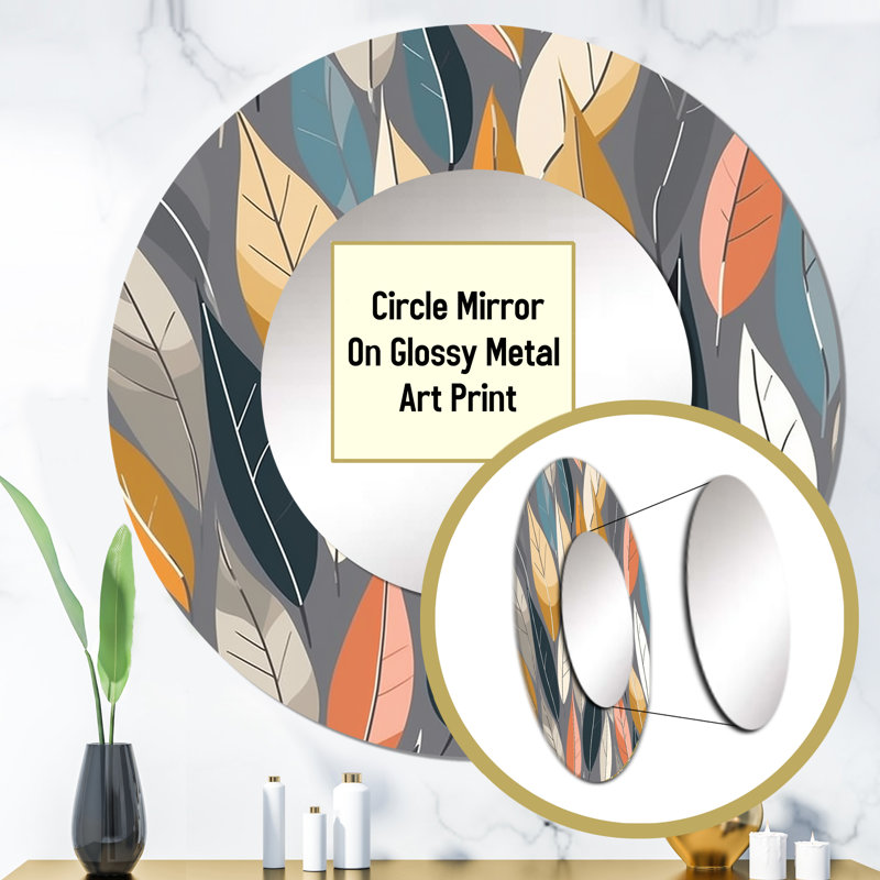 Retro AbstractáLeaves III - Geometric Decorative Mirror, Modern Round Wall Mirror, Printed Metal Art, 23" x 23"