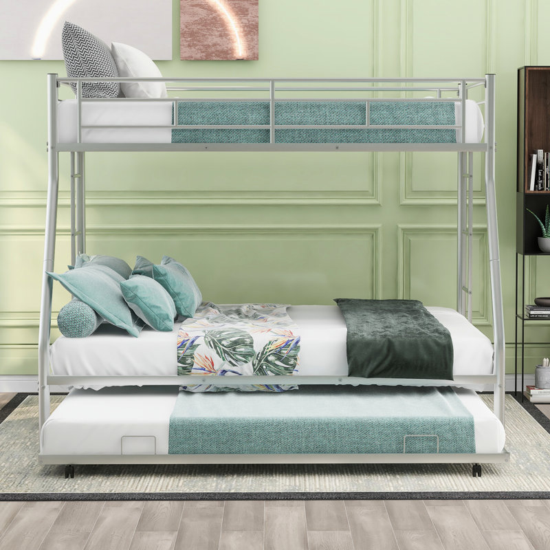 Silver Twin Over Full Bunk Bed With Robust Metal Build Size Trundle - Silver Gleam, Two Ladders Come, Silver, Full