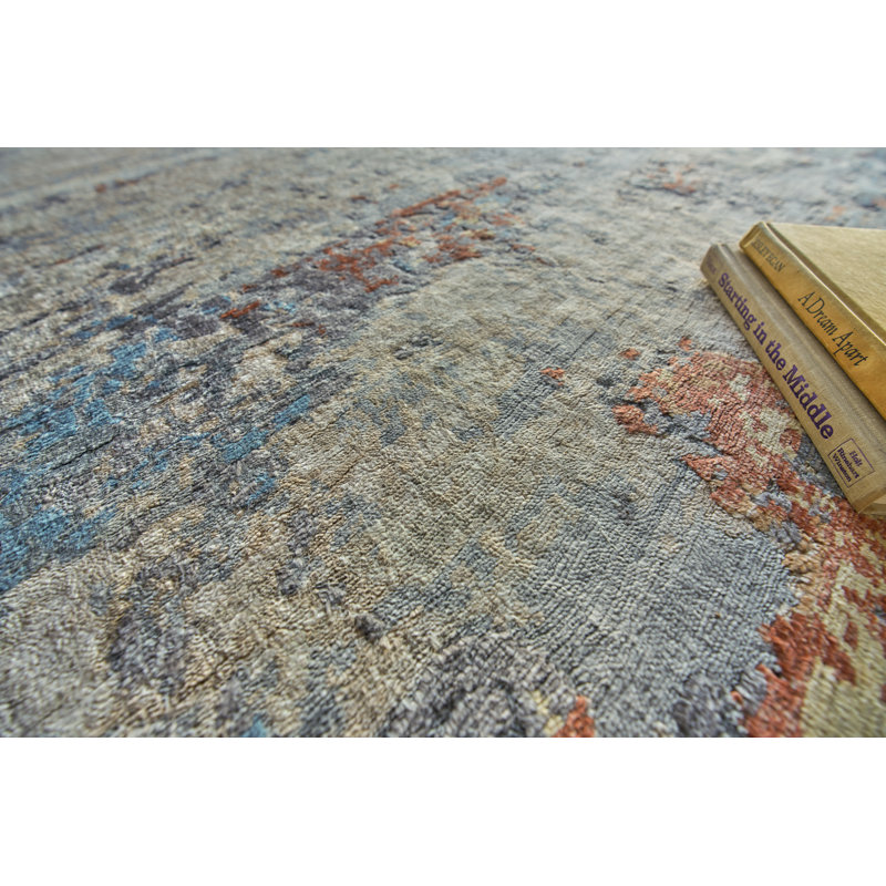Laureno Abstract Hand-Knotted Synthetic Blue/Gray Area Rug, Rectangle 10' x 14'