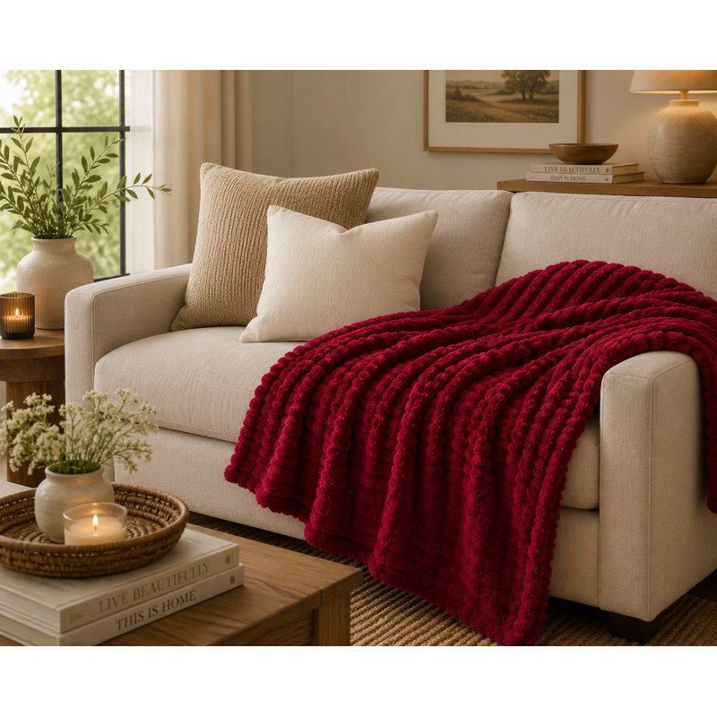 Jeté en peluche gaufrée luxueuse 60 po x 80 po Luxury, Rouge