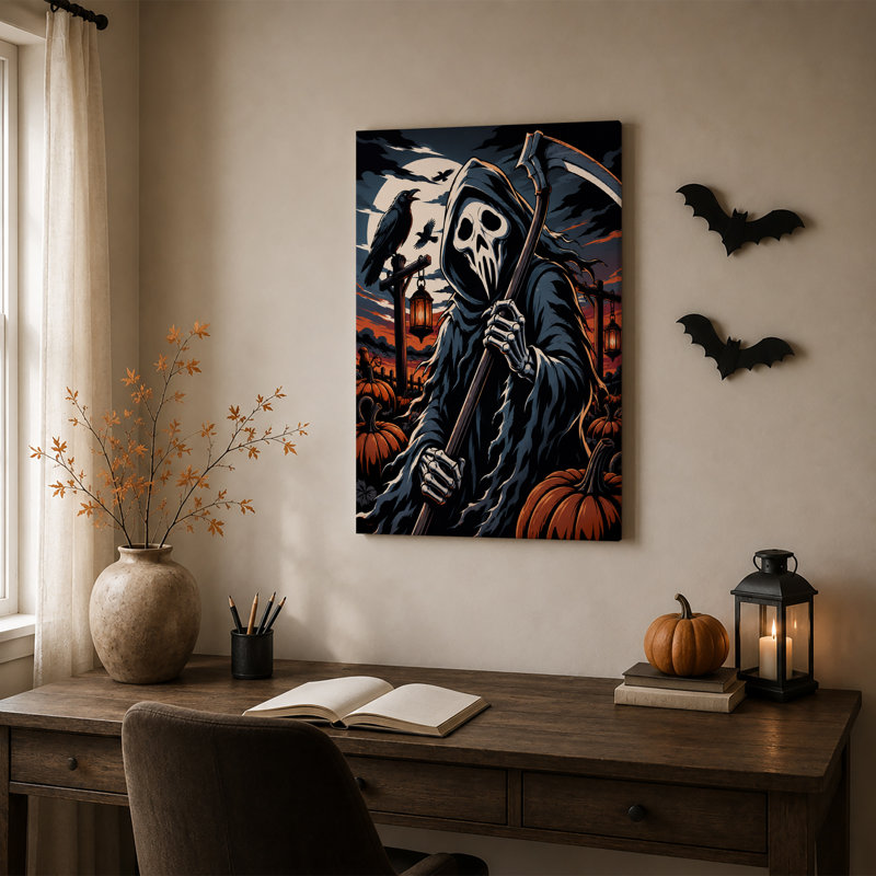 «Grim Reaper» tenant une faux en citrouille, 18"H x 12"W