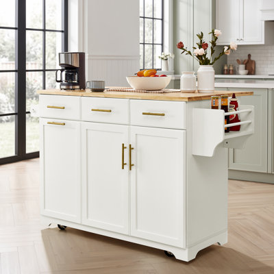 Kitchen Island Cart 47.2 Inches Width MDF and Rubber Wood 1 Piece White Space-Saving Drop Leaf Design