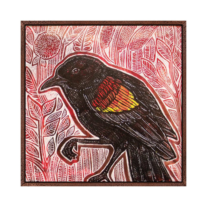 Visiting Blackbird 1 Piece Painting on Canvas, 66.04cm H x 66.04cm W x 3.81cm D, Classic Brown Wood Framed