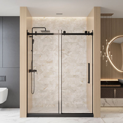 Frameless Single Sliding Shower Door  56-60 "W X 76" H, 1/4 "(6 Mm) Clear Tempered Glass, Explosion Proof Film, Stainless Steel Handle Square Tube Track ,Matte Black